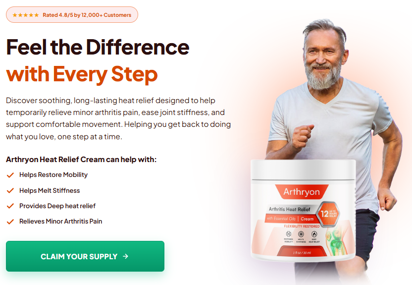 Arthryon Heat Relief Cream jar held by an active senior man
