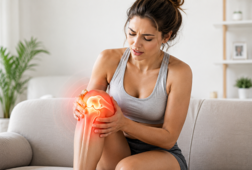 Woman holding her knee in pain before applying Arthryon Heat Relief Cream